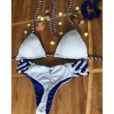 biquíni cortininha com calcinha semi fio detalhe trança - dupla face - azul com branco