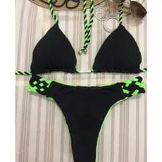 Biquini dupla face cortininha com calcinha semi fio  - preto com verde neon - detalhes em trança
