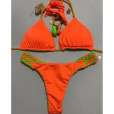 Biquíni dupla face laranja neon com verde neon, com bojo, sutiã cortininha e calcinha empina bumbum