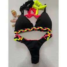 Biquíni fixo com calcinha semi fio, trança, preto, rosa neon e amarelo neon