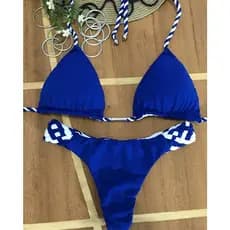 Biquini azul dupla face azul royal com branco, cortininha, empina bumbum trança laga