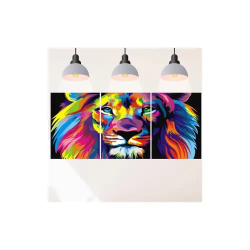 Quadro Decorativo Mosaico Leão de Judá Colorido Aquarela, Cores Fortes e Vibrantes Conjunto 3 Partes 20x28cm