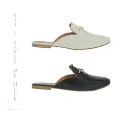 Mule Feminino Kit 2 pares Bico Quadrado Enfeite Metalizado Mary Jane Rasteira Chinelo Casual Social