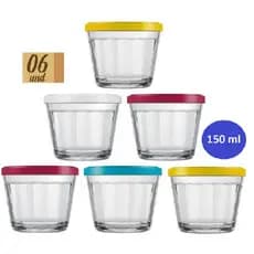 Conjunto de potes bowl de vidro 150ml. com tampa colorida. (6 potes ou 4 potes)