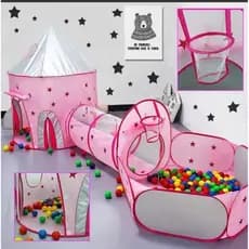 Barraca Toca Infantil 3 Em 1 Com Túnel Resistente Rosa/Azul com Cesta de Basquete