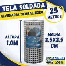 Tela Soldada Tela Galvanizada Serralheiro Alvenaria Tela Para Portão 1,0M x 25M Fio 1,24mm 2,5cm