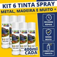Kit 6 Tinta Spray Uso Geral Tinta Spray Branco Brilhante 400ml Madeira Metal Plástico Seca Rápido