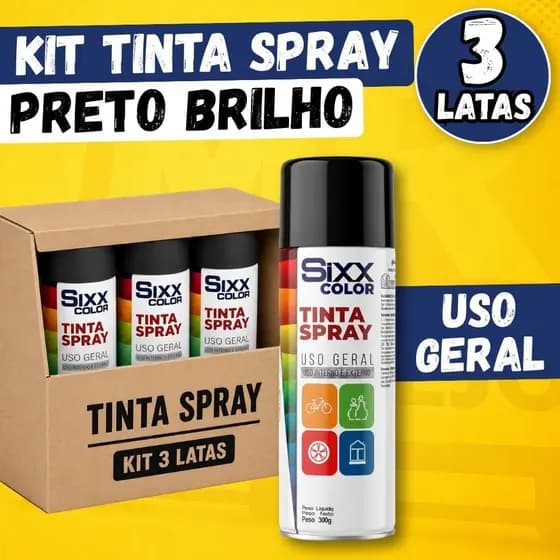 Kit Tinta Spray Preto Brilhante Tinta Spray Uso Geral 350ml Tinta Spray para Metal Madeira 3un