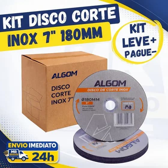 Kit Disco de Corte Inox Aço Metais Ferro 7" Fino 180mm x 22mm Algom