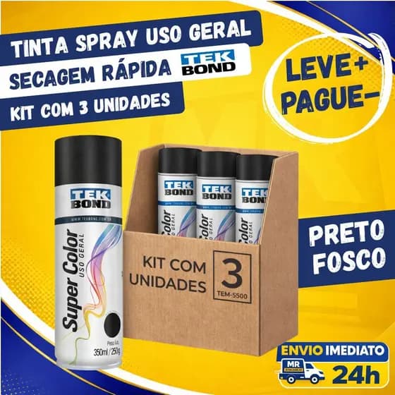 Kit 3 Tinta Spray Uso Geral Tekbond Preto Fosco 350ml Secagem Rápida