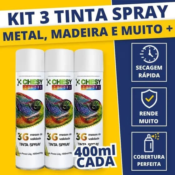 Kit 3 Tinta Spray Uso Geral Tinta Spray Branco Brilhante 400ml Madeira Metal Plástico Seca Rápido