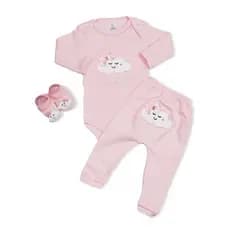 Conjunto Nuvem Body Bebê com Calça e Sapatinho Bordados Kit 3pçs