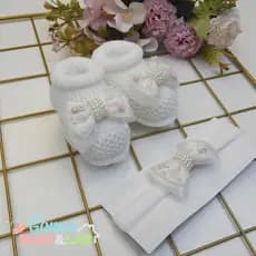 Sapatinho de Tricô Botinha com Tiara Faixa de Cabelo com Laço Bordado
