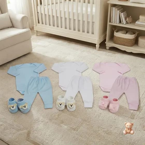 Conjunto com Sapatinho, Body Manga Longa e Calça Mijão com Pé Reversível  Kit 3 Peças Gomes Baby