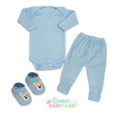 Conjunto de Frio com Sapatinho Body Bebê Manga Longa e Calça Mijão Kit 3 peças