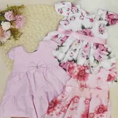 Kit 2 Vestidos Bebê Floral e/ou Liso com Botão nas Costas Faixa de Cetim e ou Laço na Cintura