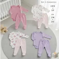 4 Conjuntos Bebê Body Longo Menina RN/P ou M/G Malha Canelada Misto Algodão