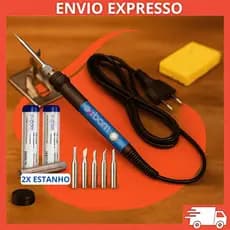 Kit Ferro de Solda Controle Temperatura 110/220V 60W Ajustável Estanho 6 Pontas Suporte Esponja