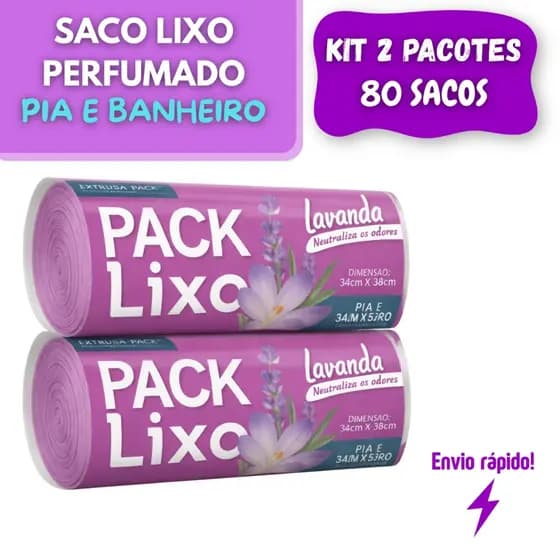 Kit Saco De Lixo Perfumado Lavanda Anti-odor 80 sacos 34x38 para pia e banheiro