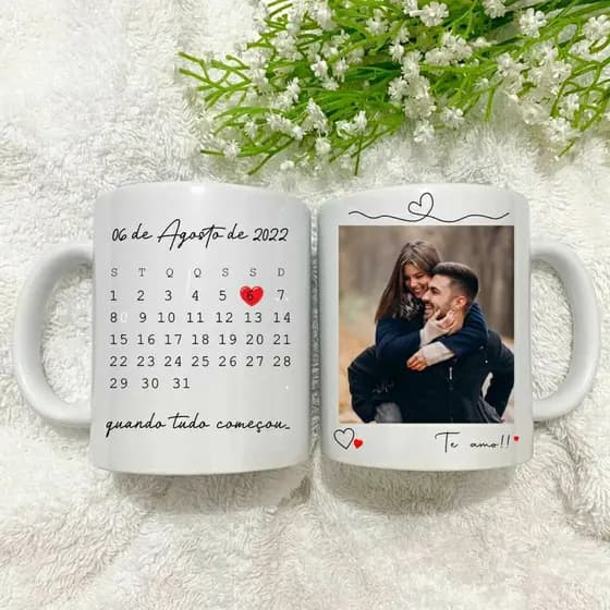 Caneca de Calendário Personalizada com foto e data | dia dos Namorados, Casamento, aniversário