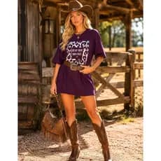 Vestido Camisetão Country Feminino Oversized de Algodão Camiseta T-shirt Max Estampada Texas