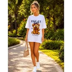 Camiseta Feminina Oversized de Algodão Tshirt Max Blusa Listrada Esportiva Estampada Premium