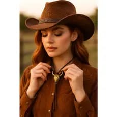 Colar Feminino Choker Country – Couro & Pingente Metal | Gravatinha Western | Sertanejo Bolo Tie