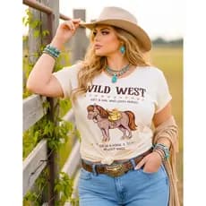 Camiseta Plus Size Country Blusa Feminina de Algodão T-shirt Moda Western Festa Rodeio Tamanho Unico