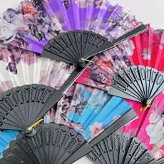 3 Leques de Mão Tradicional Tecido Estampa Florida com Renda Chinês Feminino