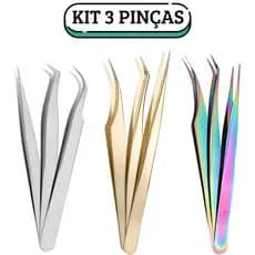 Kit 3 Pinças 45°, Curvada e Reta Extensao De Cilios Fio A Fio com Case de armazenamento