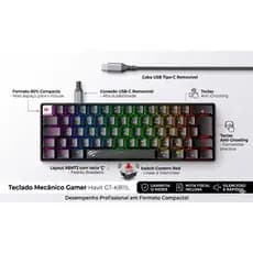 Teclado Mecânico 60% Gamer Havit GT-KB11L RGB ABNT2 USB-C Switch Red Silencioso Anti-Ghosting