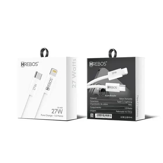 Cabo Pure Charge HREBOS CB-385i, USB-C para Lightning, 27W Nylon Trançado Alta Velocidade