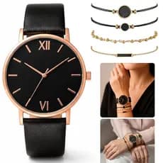 Kit Relógio Feminino Dourado Preto Couro Quartzo Analógico + 4 Joias Luxo Presente Elegante Casual
