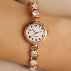 Relógio Feminino Dourado Rosé Pequeno Vintage de Quartzo Pulseira com Pedras Delicado Luxo Analógico