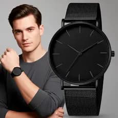 Relógio Masculino Preto Analógico Pulseira Aço Luxo Social Lançamento Casual Fino Resistente À Água