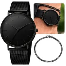 Kit Relógio Masculino Preto All Black Ultra Fino Minimalista Resistente À Água Casual E Pulseira