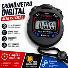 Cronômetro Esportivo Digital Preto 1/100s com Tela Grande e Fácil Leitura