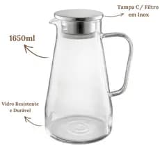Jarra de Vidro Borossilicato 1650ml com Tampa Inox  Resistente e Filtro para Água Suco Chá