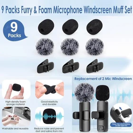 Mini Pára-Brisas Peludo Sem Fio E Conjunto De Capa De Espuma Para Microfone De Lapela Com Clipes Acessórios