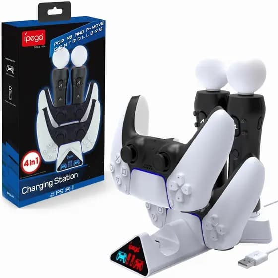 4 em 1 Carregador Compatível com 2 Ps Move e Controle Manete Playstation 5 Base Dock Luz Led