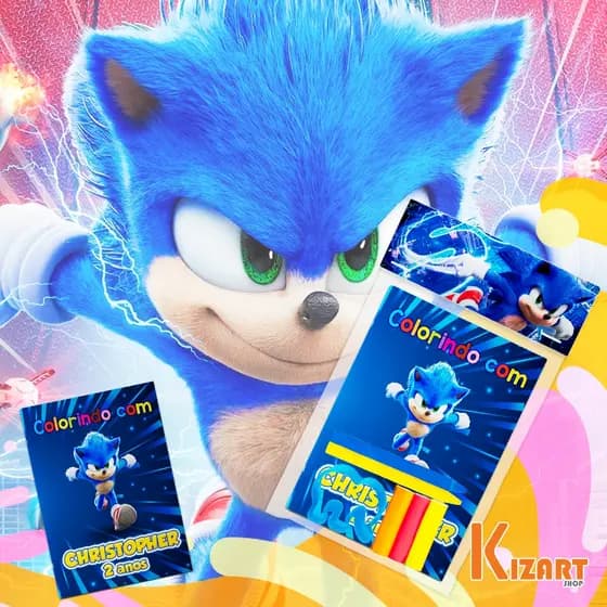 Mini Livrinho Para Colorir Festa Infantil Tema Personalizado Sonic 8 Pg 10x15cm + Giz, Massinha E Molde