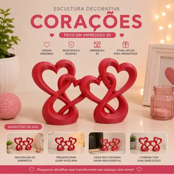 Escultura Decorativa Corações Amor Coração Romântico Decoração 3D Dia Dos Namorados