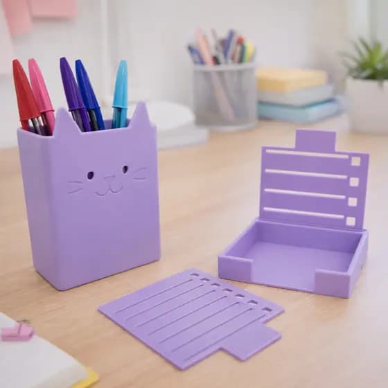 Kit Organizador de Mesa Gatinho 3D – Porta Canetas + Porta Post-it  com 2 Estênceis de Tarefas