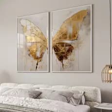 Quadro Decorativo com Moldura Vidro Asas Borboleta Gold Moderno Branco Dourada Para Quarto Sala Hall