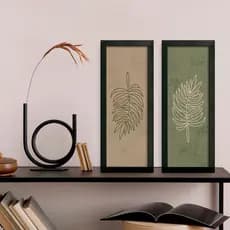 Quadro Decorativo de Parede Banheiro Lavabo com Moldura Vidro Folhas Minimalista Botânico Line Arte