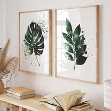 Quadro com Moldura Vidro para Sala Quarto Hall Minimalista Folha Folhas Botanico Tons de Verde