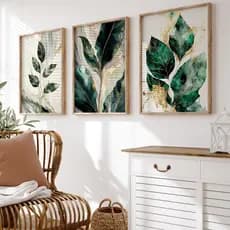 Quadro Decorativo Conjunto Moldura e Vidro Tamanho A2 Abstrato Verde Ouro Moderno Para Quarto Sala