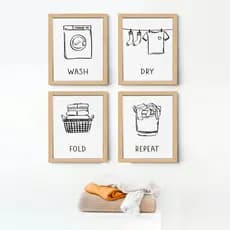 Quadro de Parede Decorativo Lavanderia com Moldura e Vidro Maquina de Lavar Varal Cesto de Roupa