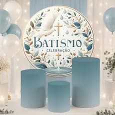 Capa Cilindros + Painel Redondo Tecido Helanca Tema Batizado Batismo Decoração Fundo Fotográfico