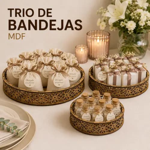 3 Bandejas de Doces para Festa MDF Cru P M G Borda Vazada Suporte para Doces Decoração Aniversário